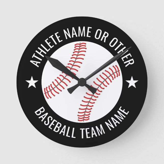 Baseball Drawing with Team and Athlete Name modern Round Clock (Front)