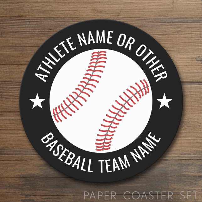Baseball Drawing with Team and Athlete Name modern Round Paper Coaster (Custom Coaster)