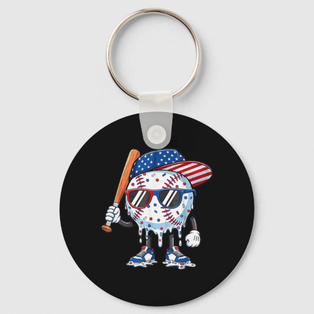 Baseball Drip American Flag Bat 4th of July Keychain (Front)