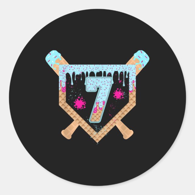 Baseball Drip Ice Cream Dripping 7 Year Old 7th Bi Classic Round Sticker (Front)