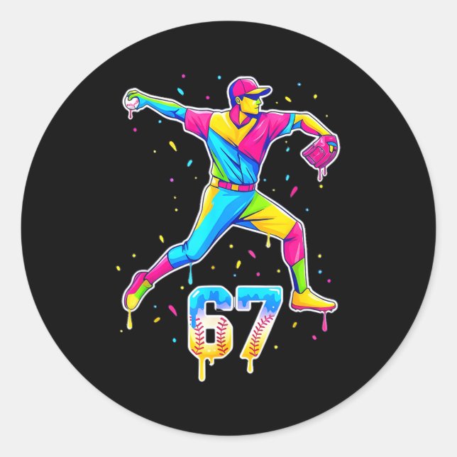 Baseball Drip Ice Cream Number 67 Player Or 67th B Classic Round Sticker (Front)