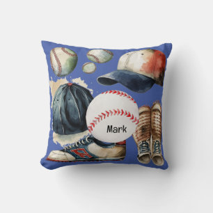 Baseball Equipment on blue background Throw Pillow