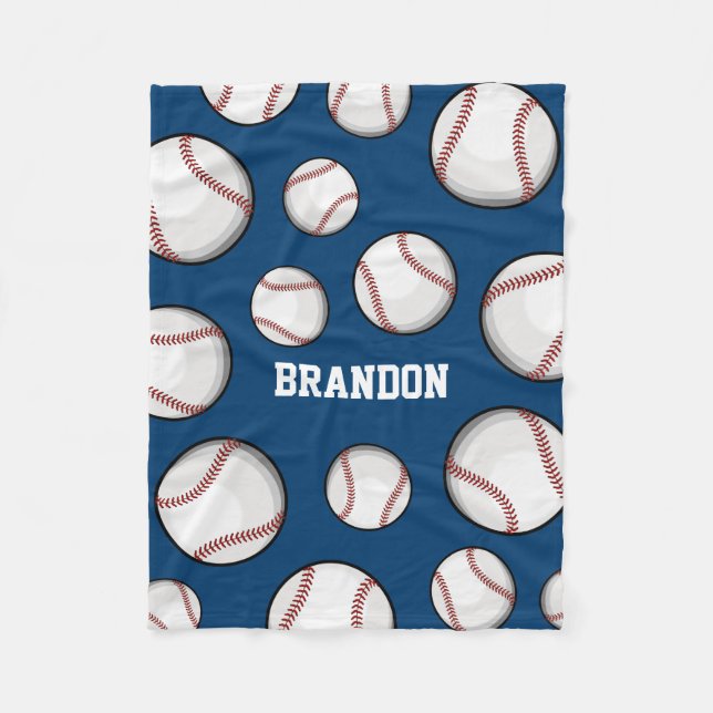 Baseball Fan Custom Name Blue Fleece Blanket (Front)