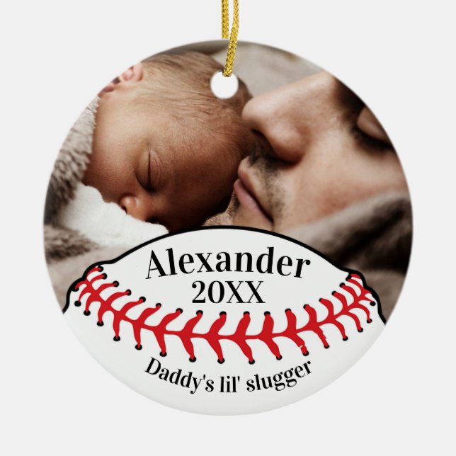 Baseball Fan Daddy's Lil' Slugger with Photo Ceramic Ornament (Front)