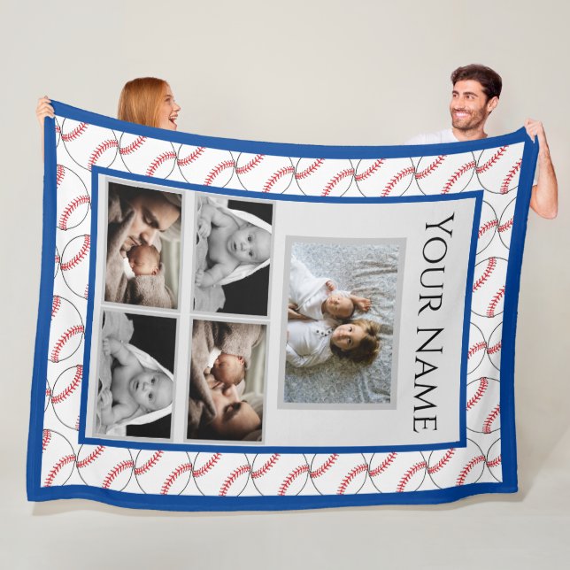 Baseball Fan Pattern with Custom Photos and Name Fleece Blanket (In Situ)