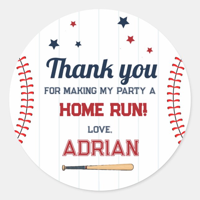 Baseball Favour thank you Birthday Classic Round Sticker (Front)