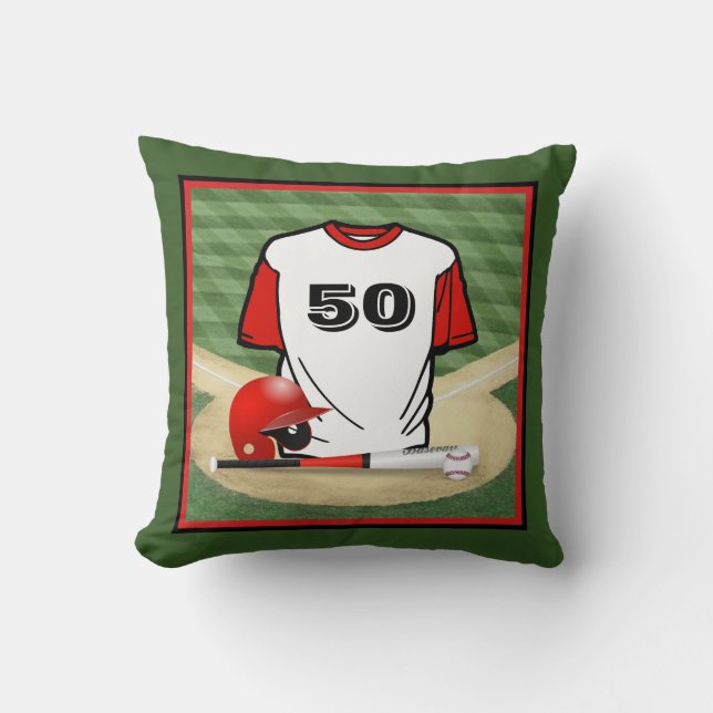 Baseball Field  Red Jersey Custom  Number Throw Pillow (Front)