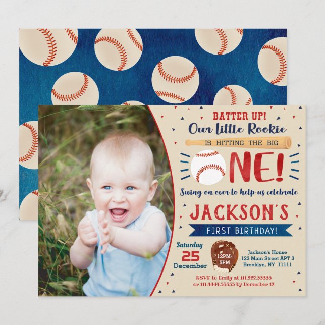 Baseball First Birthday Party Invitations (Front/Back)