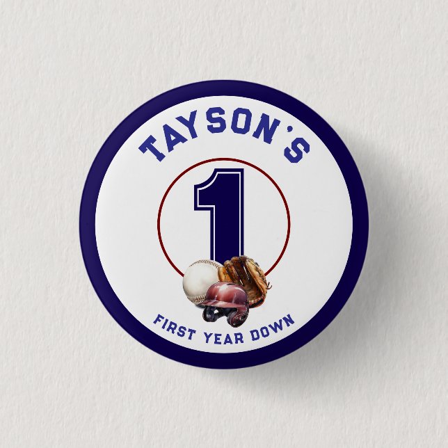 Baseball First Year Down 1st Birthday 1 Inch Round Button (Front)