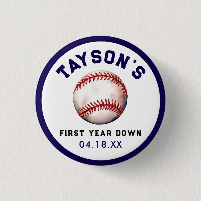 Baseball First Year Down 1st Birthday 1 Inch Round Button (Front)