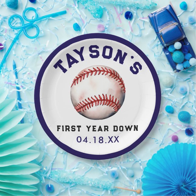 Baseball First Year Down 1st Birthday Paper Plate (Party)