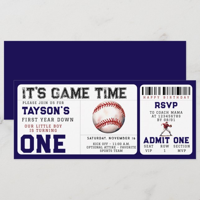 Baseball "First Year Down" 1st Birthday Ticket Invitation (Front/Back)