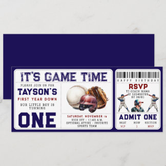 Baseball First Year Down 1st Birthday Ticket Invitation