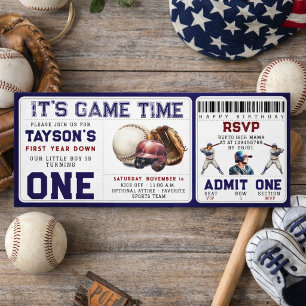 Baseball First Year Down 1st Birthday Ticket Invitation
