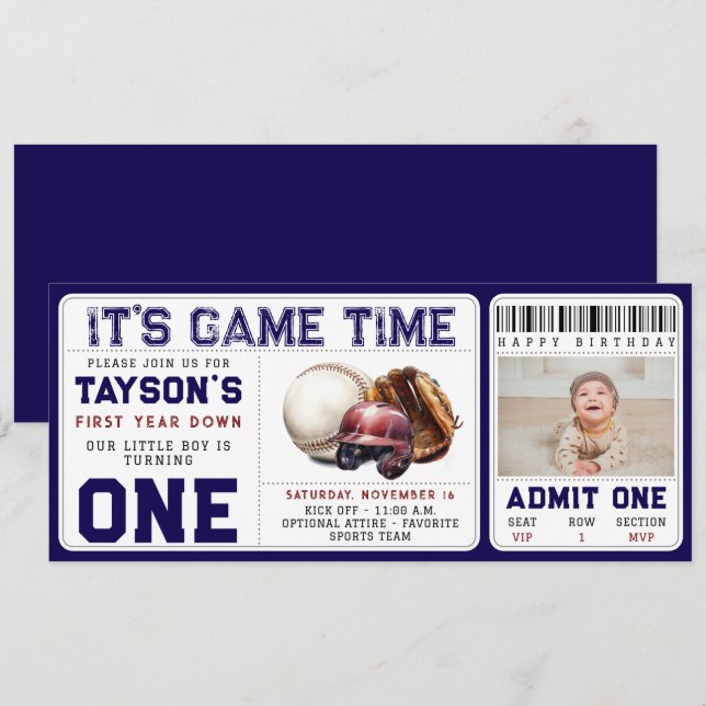 Baseball First Year Down 1st Birthday Ticket Invitation (Front/Back)