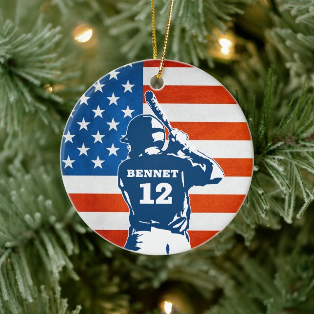 Baseball Flag Customize Name & Year Ceramic Ornament (Tree)