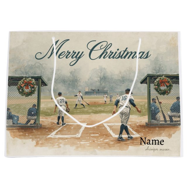 Baseball for Christmas with name for Player Large Gift Bag (Front)
