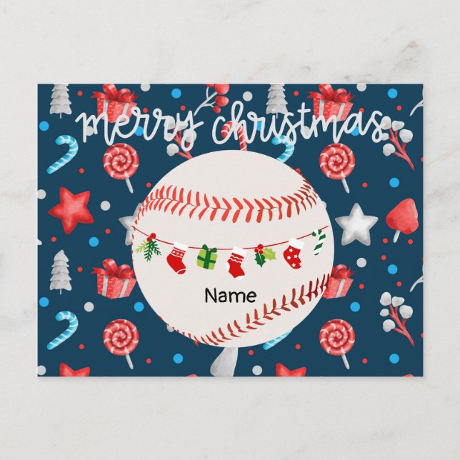 Baseball for Christmas with name  Holiday Postcard (Front)