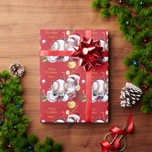 Baseball for Christmas with Santa Hat  Wrapping Paper (Holiday Gift)