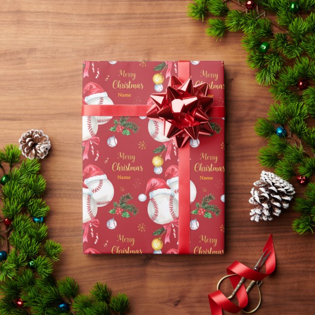Baseball for Christmas with Santa Hat  Wrapping Paper (Holiday Gift)