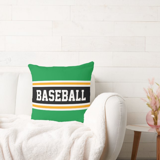 BASEBALL Fun Bright Green Black Athletic Stripes Throw Pillow (Couch)