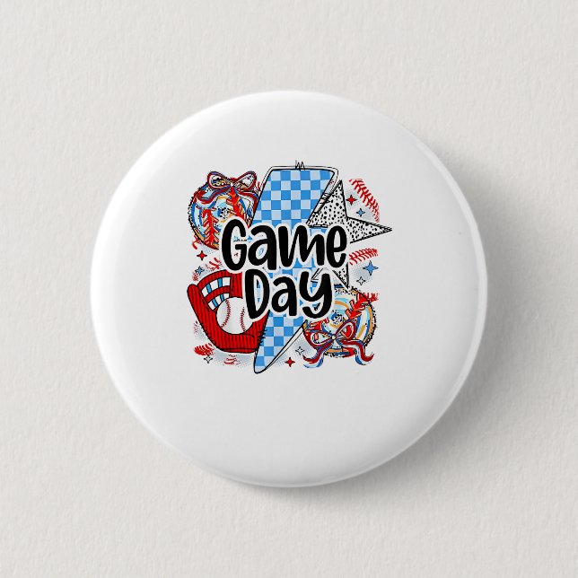 Baseball Game Day Retro Tis The Season Chequered 2 Inch Round Button (Front)