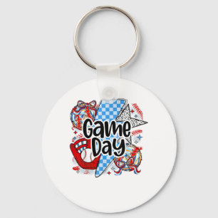 Baseball Game Day Retro Tis The Season Chequered Keychain
