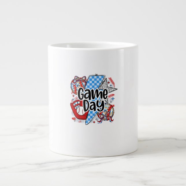 Baseball Game Day Retro Tis The Season Chequered Large Coffee Mug (Front)