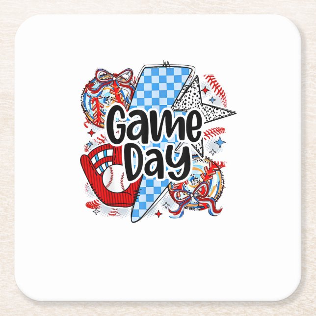 Baseball Game Day Retro Tis The Season Chequered Square Paper Coaster (Front)