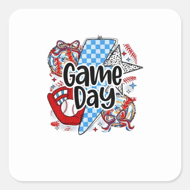 Baseball Game Day Retro Tis The Season Chequered Square Sticker (Front)
