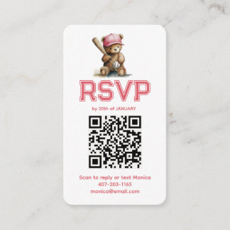Baseball Girl Teddy Bear Baby Shower QR RSVP Enclosure Card