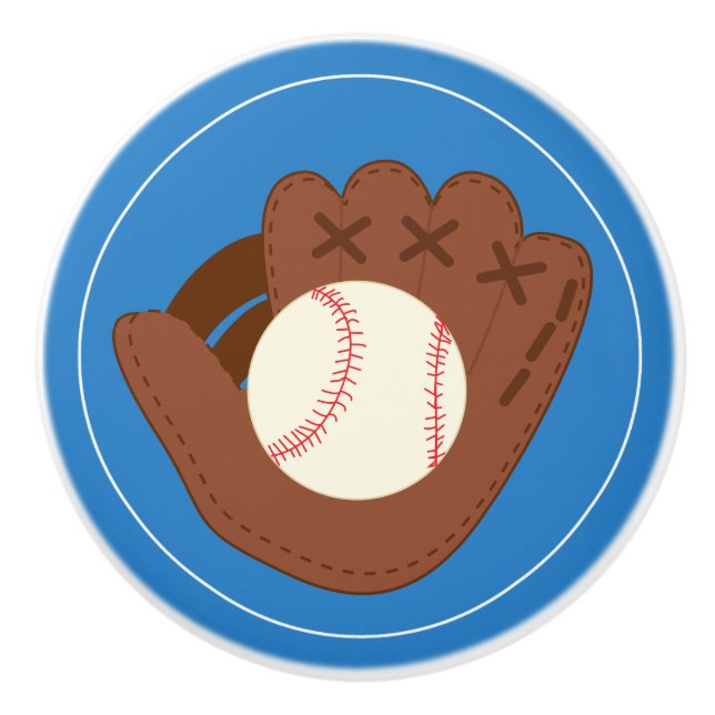 Baseball Glove and Ball on Blue Ceramic Knob (Front)