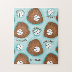 Baseball Glove Ball & Boy Name Pattern Sport Theme Jigsaw Puzzle