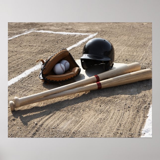Baseball glove, balls, bats and baseball helmet poster (Front)