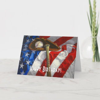 Baseball, glove, bat & American flag birthday card