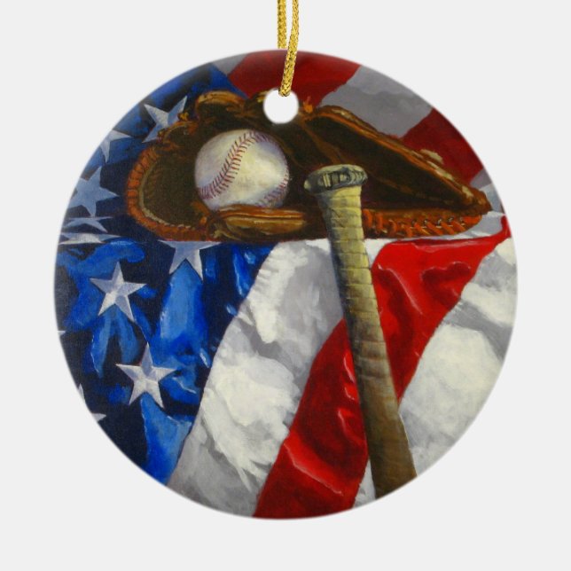 Baseball, glove, bat & American flag Ceramic Ornament (Front)