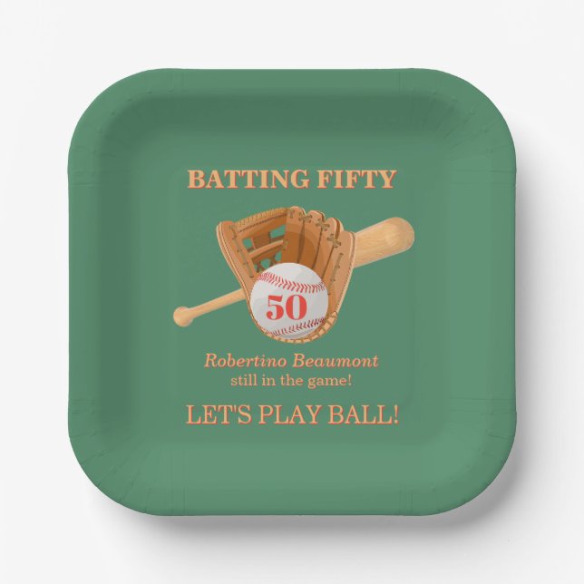 Baseball Glove Batting Fifty Men's 50th Birthday Paper Plate (Front)