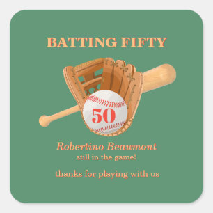 Baseball Glove Batting Fifty Men's 50th Birthday Square Sticker