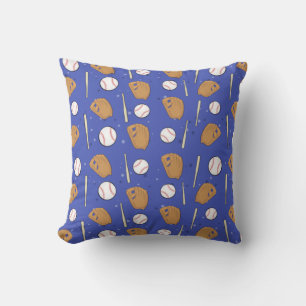 Baseball - Gloves, Balls & Bats on Blue Background Throw Pillow