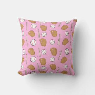 Baseball - Gloves, Balls & Bats on Pink Background Throw Pillow