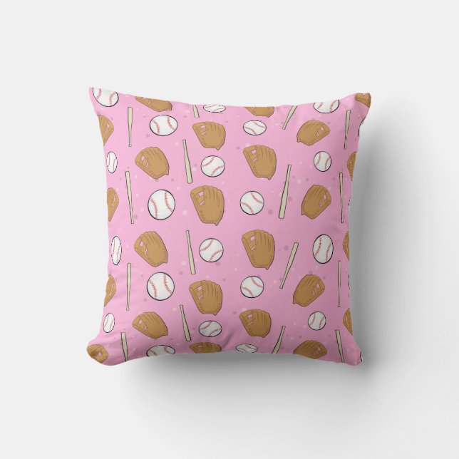 Baseball - Gloves, Balls & Bats on Pink Background Throw Pillow (Front)
