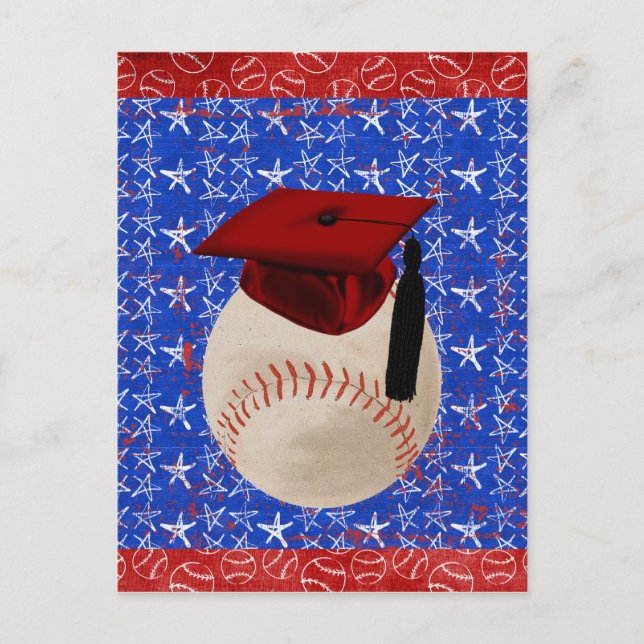 Baseball Graduation Cap, Stars, Red, White, Blue Announcement Postcard (Front)