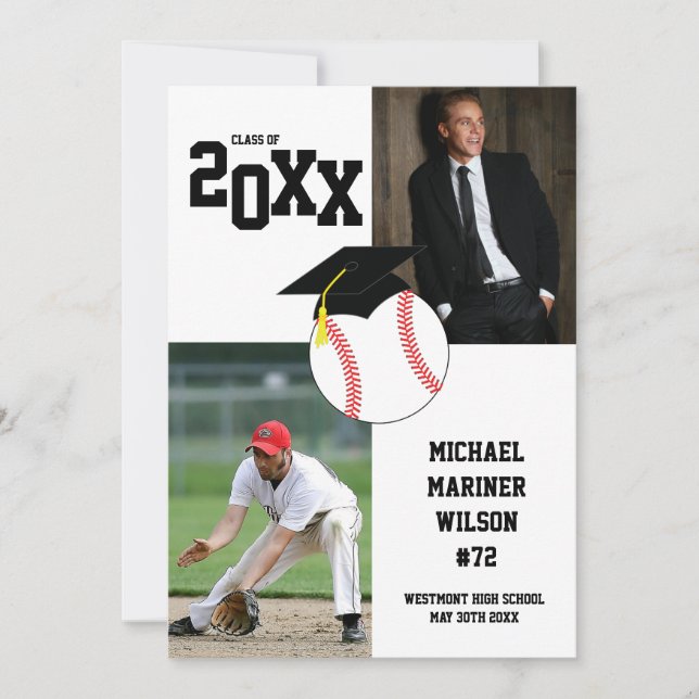 Baseball Graduation Sport Black and White Photo Invitation (Front)