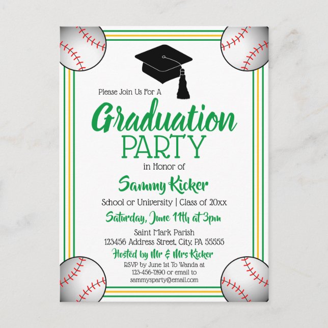 Baseball Green & Gold Graduation Party Invitation Postcard (Front)