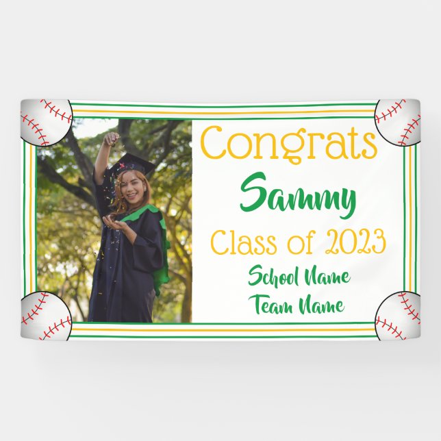 Baseball Green & Gold One Photo Graduation Banner (Horizontal)
