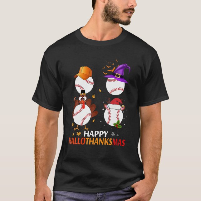 Baseball Halloween And Merry Christmas Happy Hallo T-Shirt (Front)