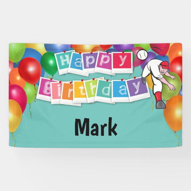 Baseball Happy Birthday  player throw ball balloon Banner (Horizontal)