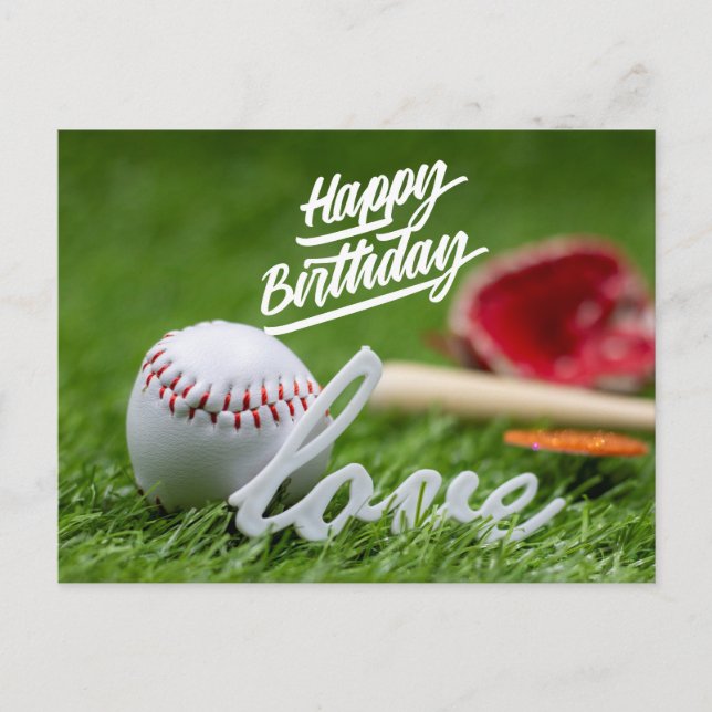 Baseball Happy Birthday with ball on green grass Postcard (Front)