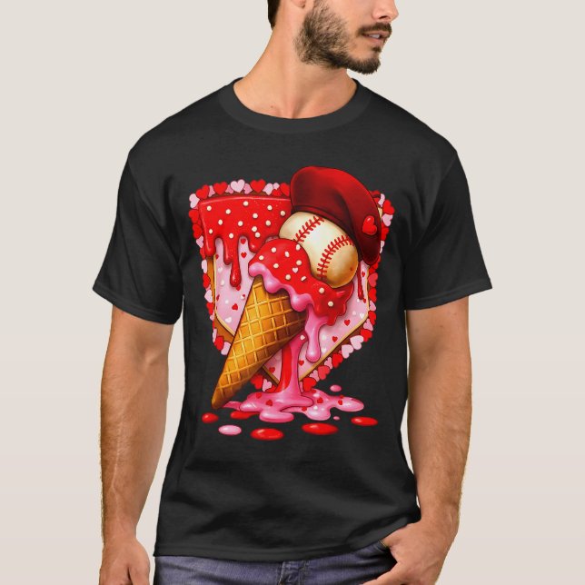 Baseball Heart Valentine Baseball Ice Cream Drip B T-Shirt (Front)