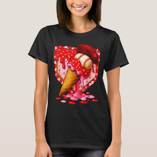 Baseball Heart Valentine Baseball Ice Cream Drip B T-Shirt (Front)